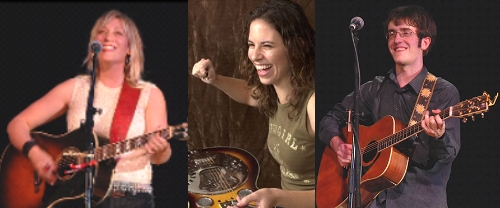 Triple A": Amy Speace, Abbie Gardner and Anthony da Costa will swap songs under the AcousticMusicScene.com - Tribes Hill tent during the Falcon Ridge Folk Festival Saturday overnight. Photos: Robert Berkowitz/RSB Image Works and Kathy Gardner.